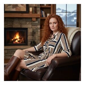 Esqualo Striped Long Sleeve Shirt Belted Career Capsule Dress Size 8